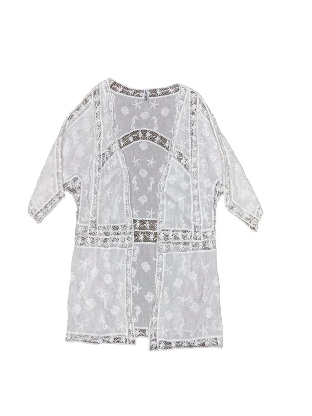 Petsche Sheer White Kimono Bathing Suit Cover Up Beach Starfish Shells Seahorses